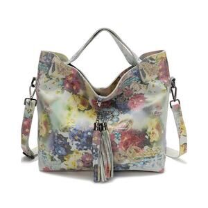 Floral Print Leather Tote Large Messenger White Pink Blue Crossbody Travel Work
